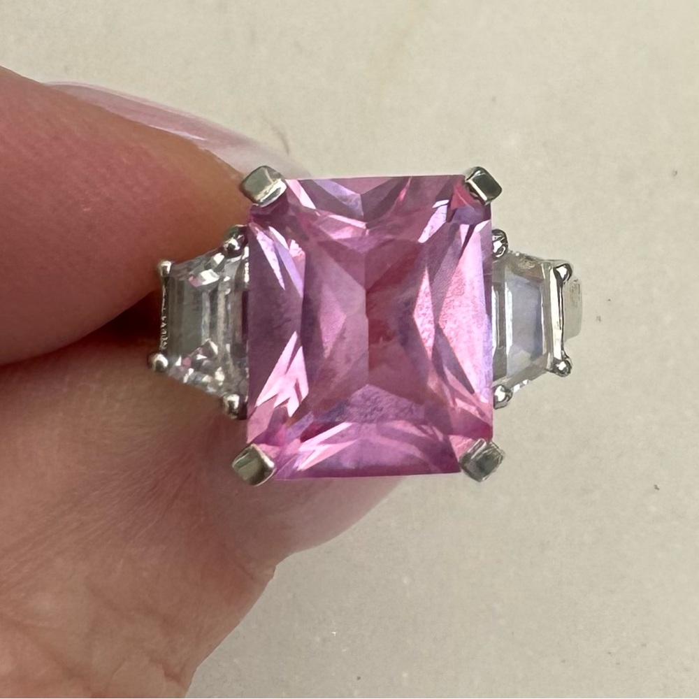 14K White Gold Pink Topaz Emerald Cut Cocktail Ring. Size 5.5. Vintage. UEC!